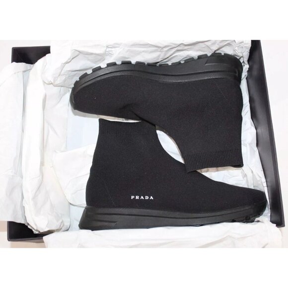 LUXURY PRADA SOCK HIGH-TOP SNEAKERS SHOE 4T3478 BLACK KNIT US 6 EU 37 RUNS SMALL - Picture 5 of 13